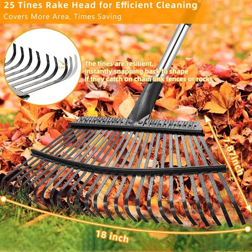 Rake for Leaves 65 Inch Adjustable Long Handle Garden Leaf Rake 18 Black - Picture 3 of 6