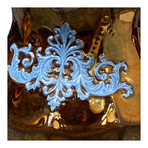 19 Century Copper Luster Glaze Earthenware Pitcher Wedgewood Blue Gothic Scroll - Picture 9 of 24