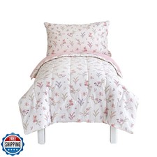 Joyreap 4 Piece Cotton Toddler Bedding Set for Girls, Flowers n Leaves Pink D