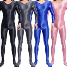 Men's Oil Shiny Glossy Footed Rompers Jumpsuit Stretch Wet Look Bodysuit Catsuit