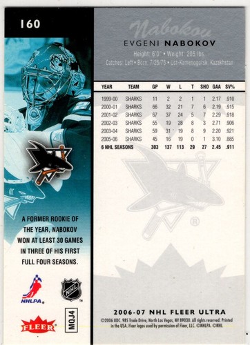 2006-07 Fleer Ultra Hockey Evgeni Nabokov No. 160 San Jose Sharks - Bild 2 von 2