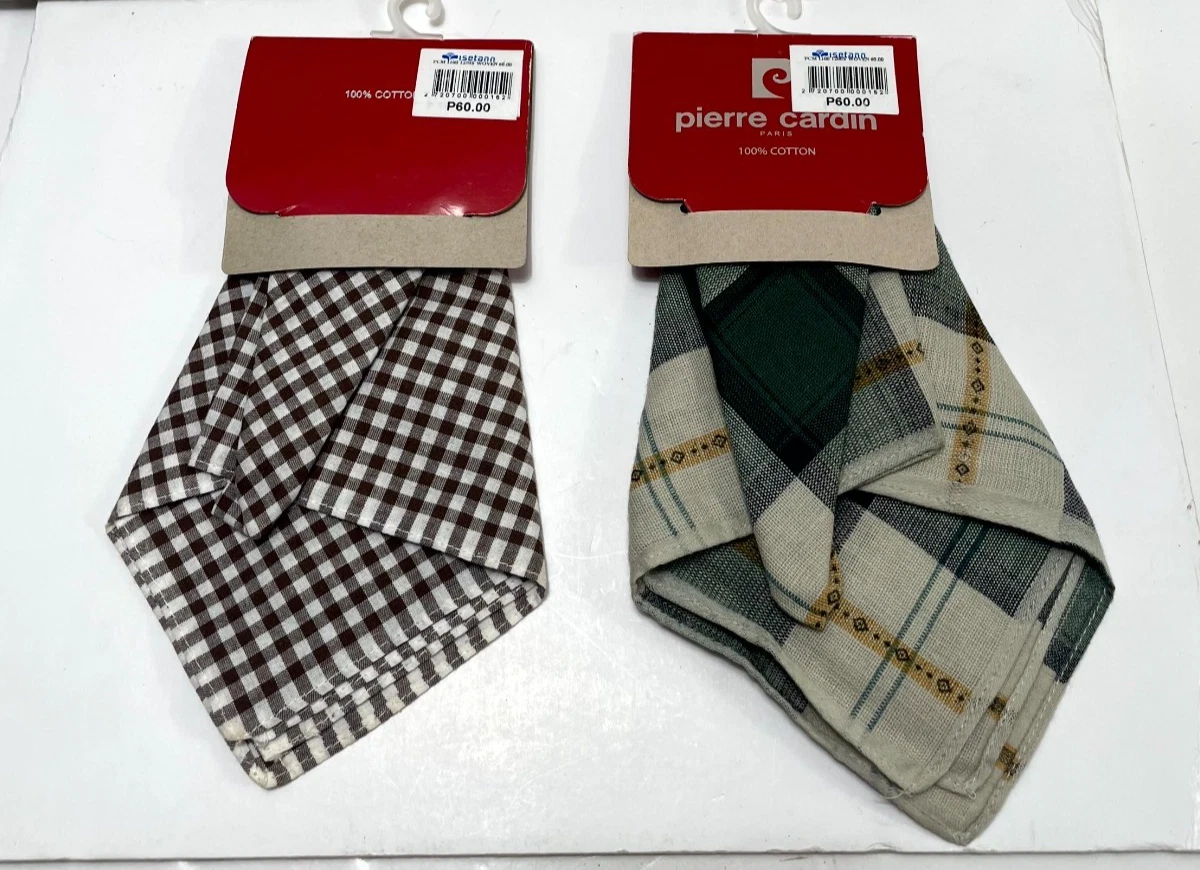 Pierre Cardin Mens Cotton Handkerchief Vintage Plaid Check Pocket Square Lot 2pc