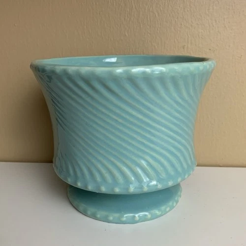 Vintage 1960s McCoy Pottery Aqua Blue Swirl Jardiniere Round Footed Planter USA