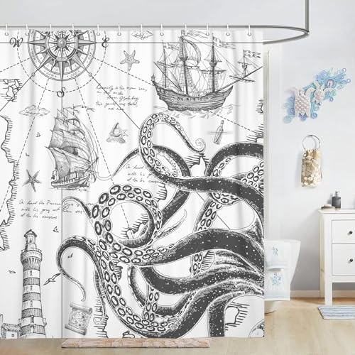 Funny Nautical Octopus Shower Curtain, Cool 72"W x 72"L (Pack of 1) Grey - Bild 2 von 7