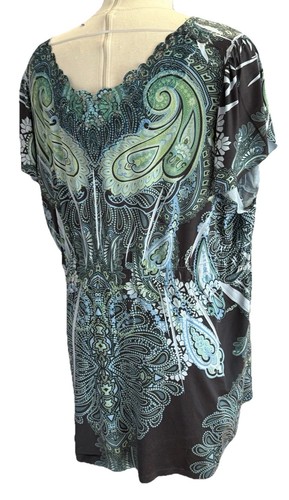One World 3X Paisley Blue Green Print Embellished V- Neck Tunic Top - Picture 4 of 7