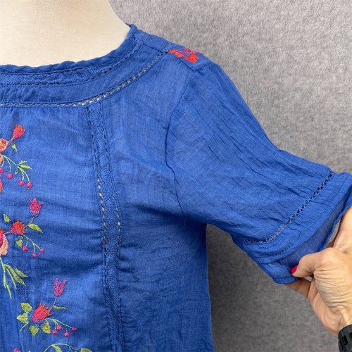 Umgee Boho Kurzarm Bluse Damen S blau bestickt Blumen - Bild 2 von 11