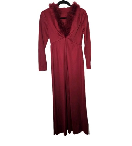 Vtg 70s Maroon Marabou Trim Hooded Robe Maxi Disco Robe Women's Size 5 S/M - Picture 4 of 8