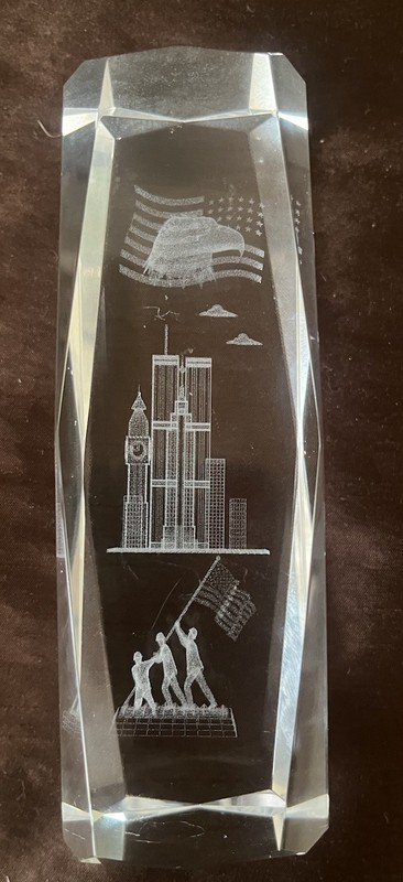 Twin Tower Patriotic 3-D Laser Etched 6”x2” Glass Paperweight Preowned Excellent