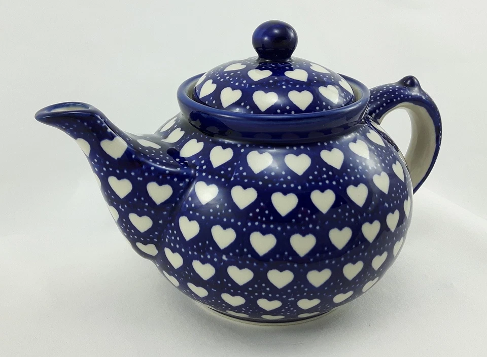 Bunzlauer Keramik Teekanne, Kanne für 1,3Ltr. Tee, Herzen, blau/weiß (C017-SEM) - Bild 3 von 4