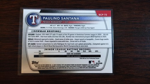 2025 Bowman Paulino Santana Yellow REFRACTOR /75 #BCP-72 Rangers - Picture 2 of 2