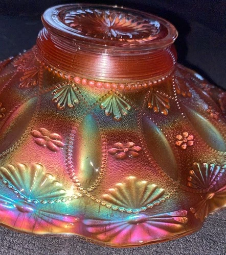 VINTAGE CARNIVAL NORTHWOOD MARIGOLD Beaded Fans Flower BOWL PINK IRIDESCENT Mint