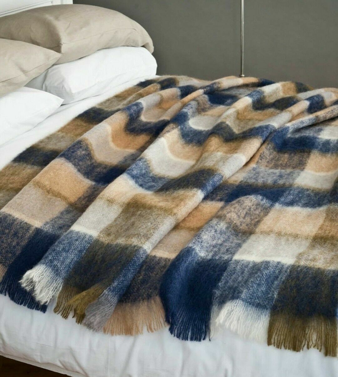 Avoca Ireland Irish M50 Mohair Large Throw Blanket Rug Brown Blue New