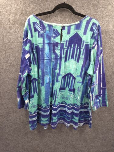 Orientique Naturally Australian Top Womens 18 Pullover 3/4 Sleeve Blue Geo - Picture 2 of 14