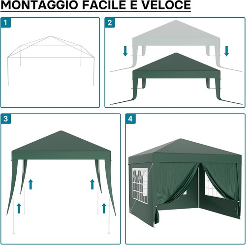Gazebo 3x3 m verde con laterali rimovibili e finestre per giardino ed esterni - Foto 4 di 7