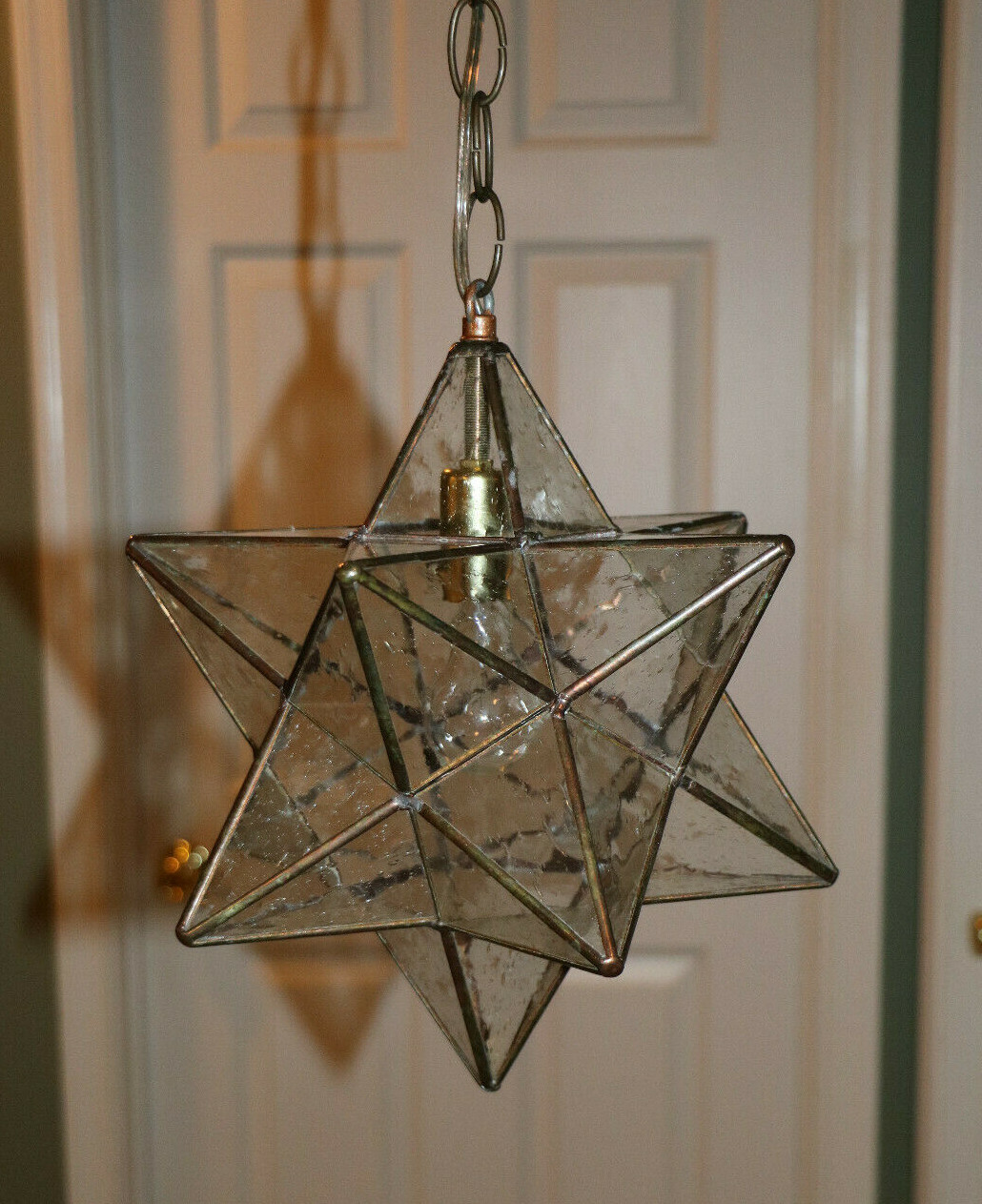 Moravian Star Hanging Electric Pendant Light Fixture Seeded Glass Copper & Brass Moravian Star Hanging Electric Pendant Light Fixture Seeded Glass Copper & Brass