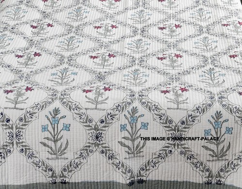 Hand Block Print Cotton Quilted Quilt Twin Size Floral Bedding Throw With Pillow - Picture 5 of 6