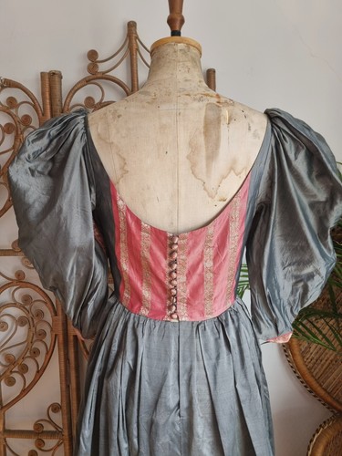 Vintage grey pink prairie floral silk Serinda couture Indian 70s 80s dress XS - Picture 8 of 10