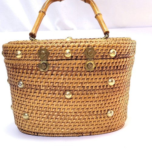 Vintage 1950s 60s Wicker Basket Handbag Preppy Purse Box Bag Bamboo Handle Brass - Picture 7 of 12
