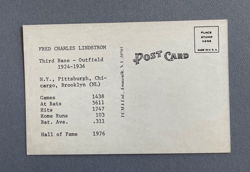 Postal TCMA All-Time Greats 1973 Fred Lindstrom Salón de la fama Yankees de Nueva York - Imagen 2 de 2