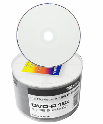 50 x Ritek Traxdata Blank DVD-R Discs Inkjet Printable 4.7GB 16X Speed ...