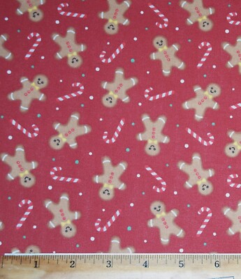 Gingerbread men Candy Cane Christmas Holiday on Red Quilt Fabric 1yd 100% Cotton