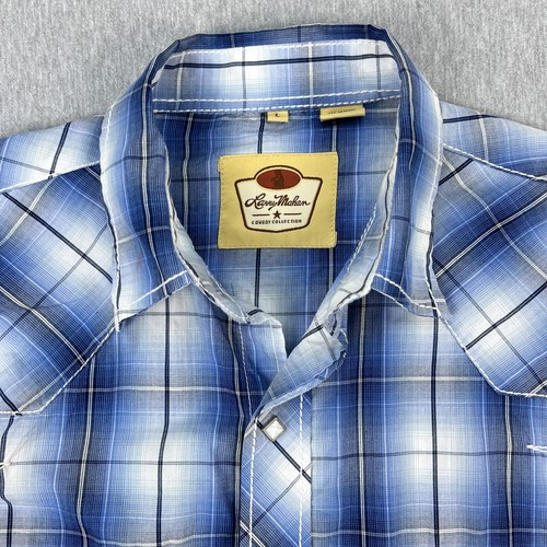 Larry Mahan Western Shirt Mens L Blue Plaid Diamond Pearl Snaps Long Sleeve - Picture 4 of 11