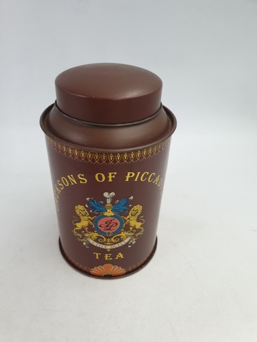 VINTAGE JACKSONS OF PICCADILLY EMPTY TEA TIN CADDY CYLINDER SHAPED BROWN GOLD