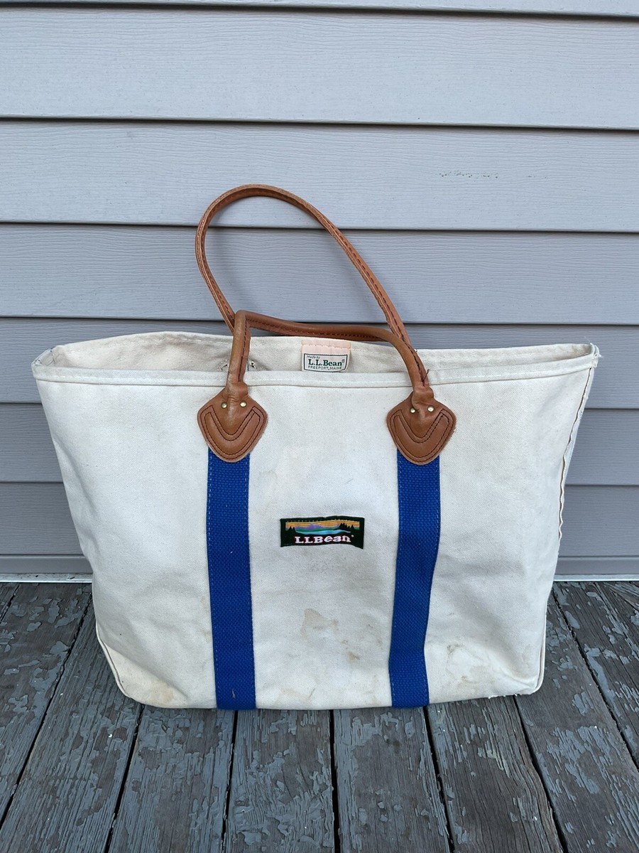 Vintage 80s LL Bean Boat & Tote Bag Canvas Leather Handles Blue