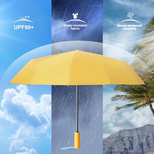 Heavy Duty Folding Umbrella for Sun and Rain, Automatic Umbrella Yellow - Picture 5 of 7