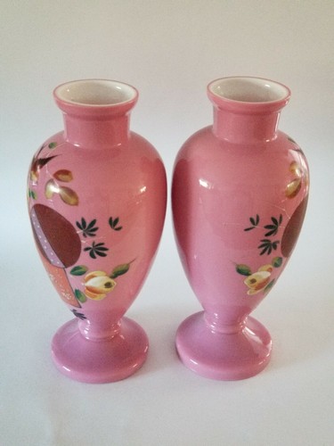 Pair Antique Bristol pink opaline glass vase hand painted flowers - Picture 3 of 9