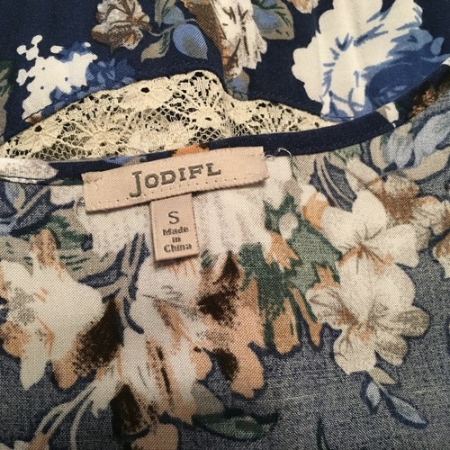 Jodifl Babydoll Tunic Lace Trim Navy Blue Flowers Boho Size Small - Picture 6 of 7