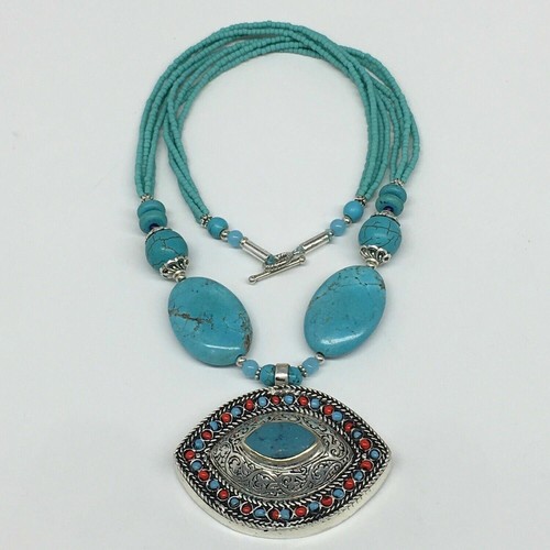 1 pieza, Collar Turcomano Colgante Distintivo Tribal Marquesa Incrustación Turquesa, TN805 - Imagen 3 de 6