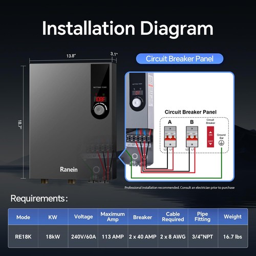 Ranein Electric Tankless Water Heater 18kW 240V on Demand Instant Endless Wat... - Picture 4 of 9