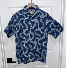 VTG Hilo Hattie Hawaiian Floral Lei Pearl Leaves Print Shirt Small S Aloha Blue