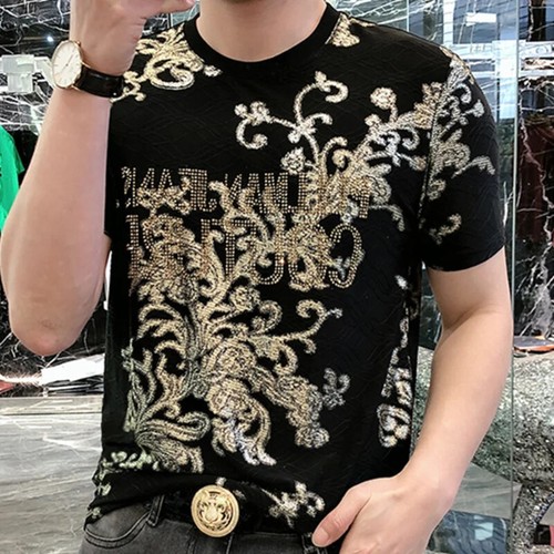 New Men Luxury Diamond Rhinestones Fashion Black T-Shirt High Quality - Picture 6 of 24