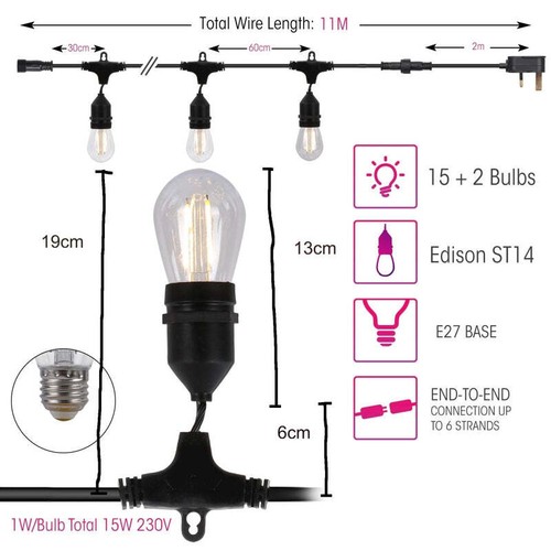 Pollux LED Edison Bulb String Festoon Light ST14 IP65 Waterproof TEKLED - Picture 11 of 20