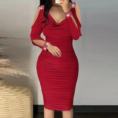 Womens Cold Shoulder Mini Dress Ladies Christmas Evening Cocktail Party Bodycon - Picture 14 of 16