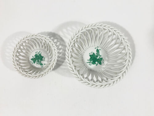 2x Herend Chinese Bouquet Green Round Open Weaved Trinket Basket Bowl Set - Picture 2 of 9