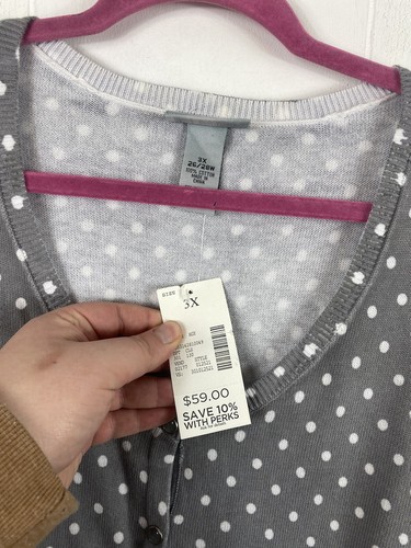Catherines Cotton Long Sleeve Snap Cardigan Size 3X 26/28 Grey Polka Dots NWT - Picture 2 of 7