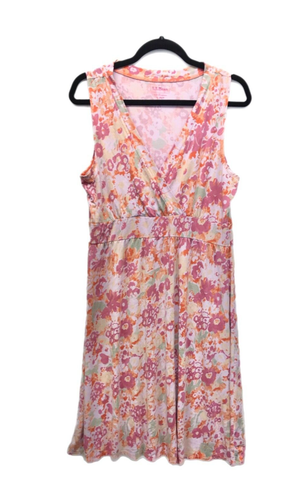 LL Bean Dress Womens L Petite Pink Floral A Line Summer Knit V Neck Stretch