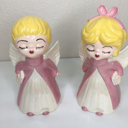 "Set di 2 statuette natalizie vintage angeli rosa dipinti a mano smaltati 7 1/2" - Foto 4 di 10