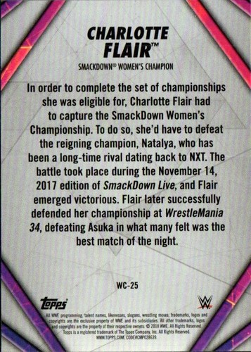 2018 Topps WWE Women's Division Women's Champion Insert #WC-25 Charlotte Flair - Picture 2 of 2