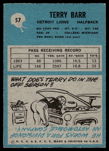 1964 Philadelphia Terry Barr Detroit Lions #57 - Picture 2 of 2