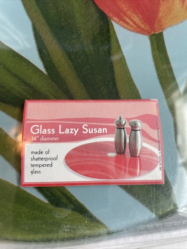 NEW Glass Lazy Susan - 14” Diameter Floral Tulip Design Tempered Glass - Picture 2 of 7