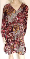 Next Burgundy print boho viscose ruffled flared knee length tunic dress size 14