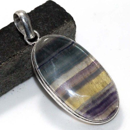 Rainbow Fluorite 925 Silver Plated Gemstone Pendant 2.1" Birthday Gift AU H991