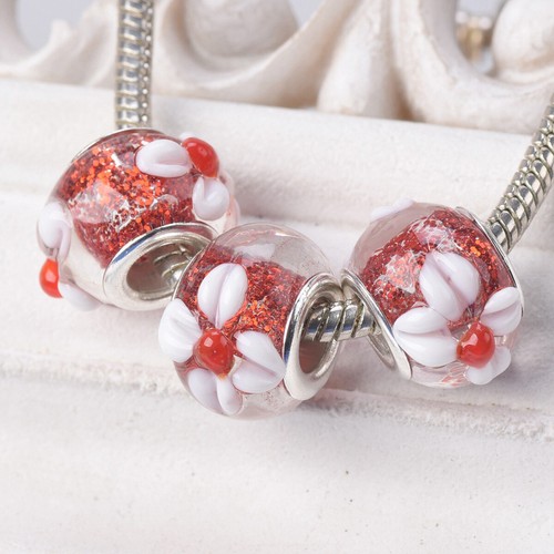 5pcs Round Glittery Lampwork Flower Glass Loose European Charms Big Hole Beads - Picture 16 of 18