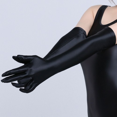 Women's Satin Shiny Wet Look Bridal Prom Wedding Party Costume Long Opera Gloves - Picture 5 of 15