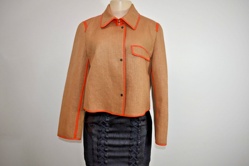 AKRIS Brown Cotton Blend Red Trim Leather Jacket/Blazer Size 40/ 8US  On Sale jf - Picture 9 of 16