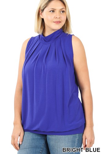 1X 2X 3X Scrunched Mock Turtle Neck Pleated Sleeveless Top Elastic Waist Tank - Picture 10 of 37